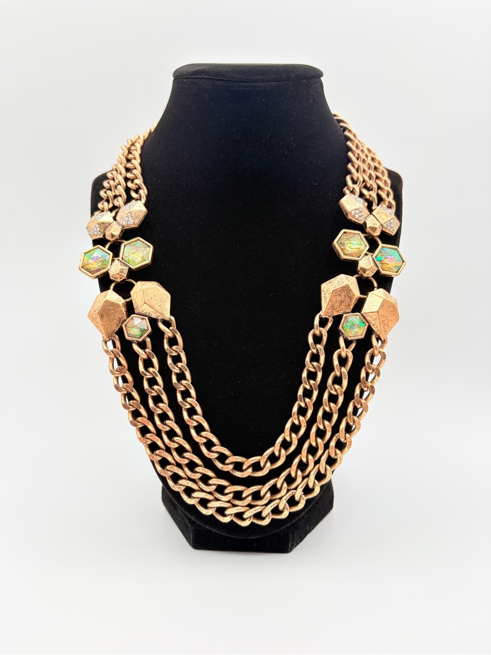 Vintage Antiqued Gold Tone Geometric Chain Statement Necklace